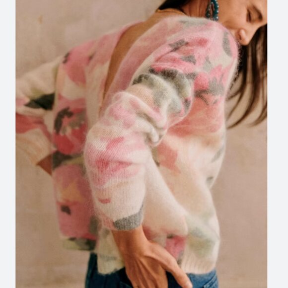 Sezane Sweaters - Sezane Lisette Cardigan Medium Pink Cream Floral Kid Mohair Sweater Knit French